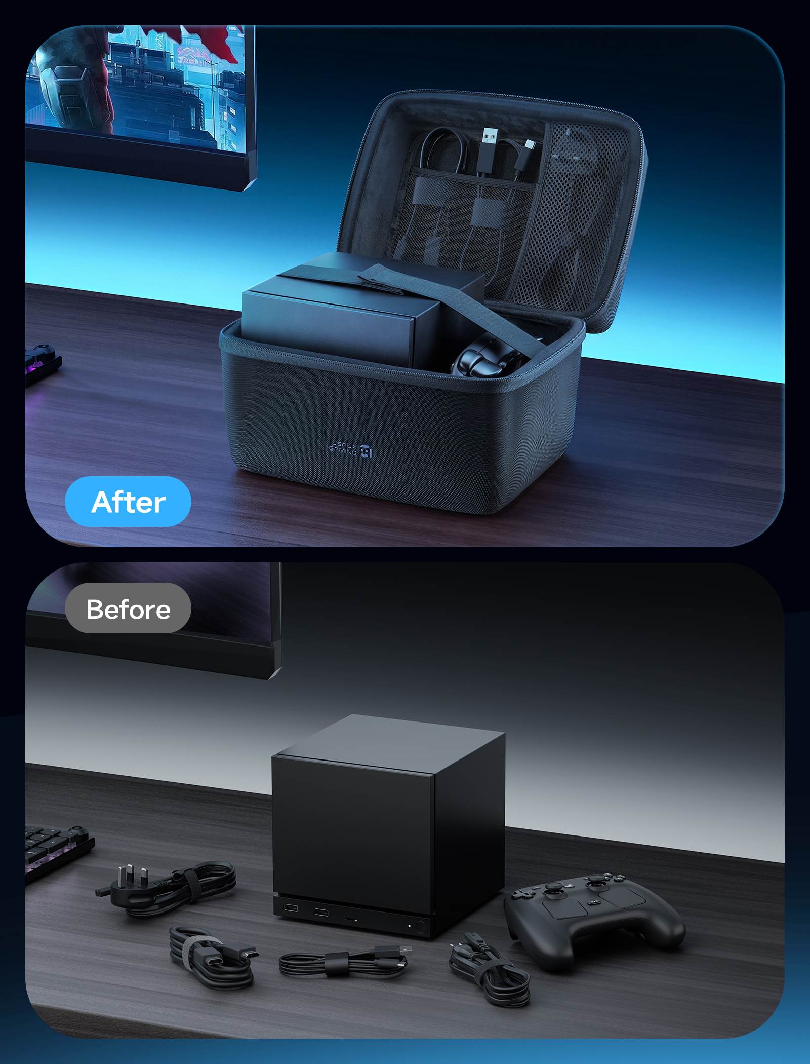 Carrying case for Steam Machine organizes and stores the Steam Machine, controller, power cord, USB-C cable, and HDMI cable.