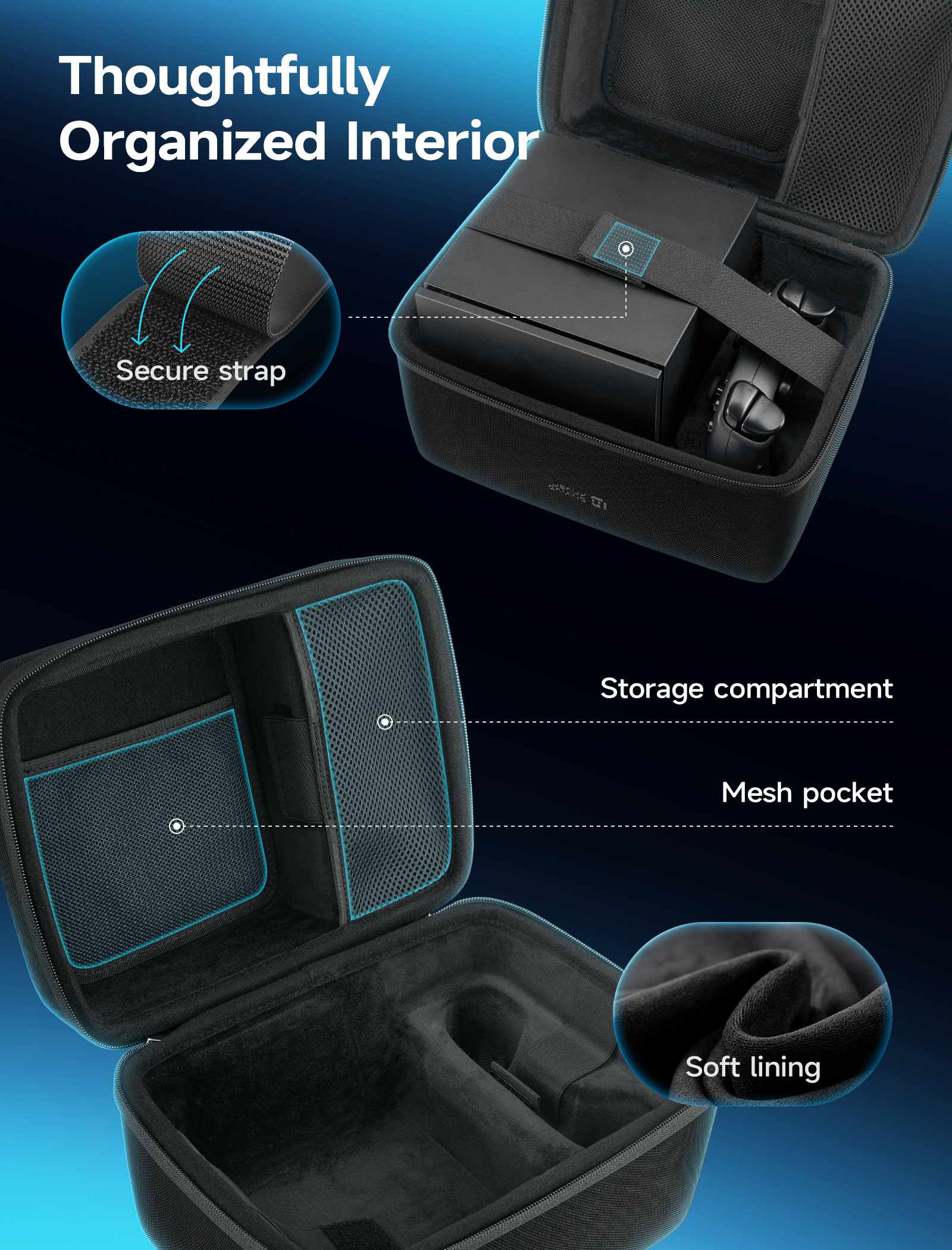 Carrying case for Steam Machine with a secure strap, storage compartments, mesh pockets, and soft lining.