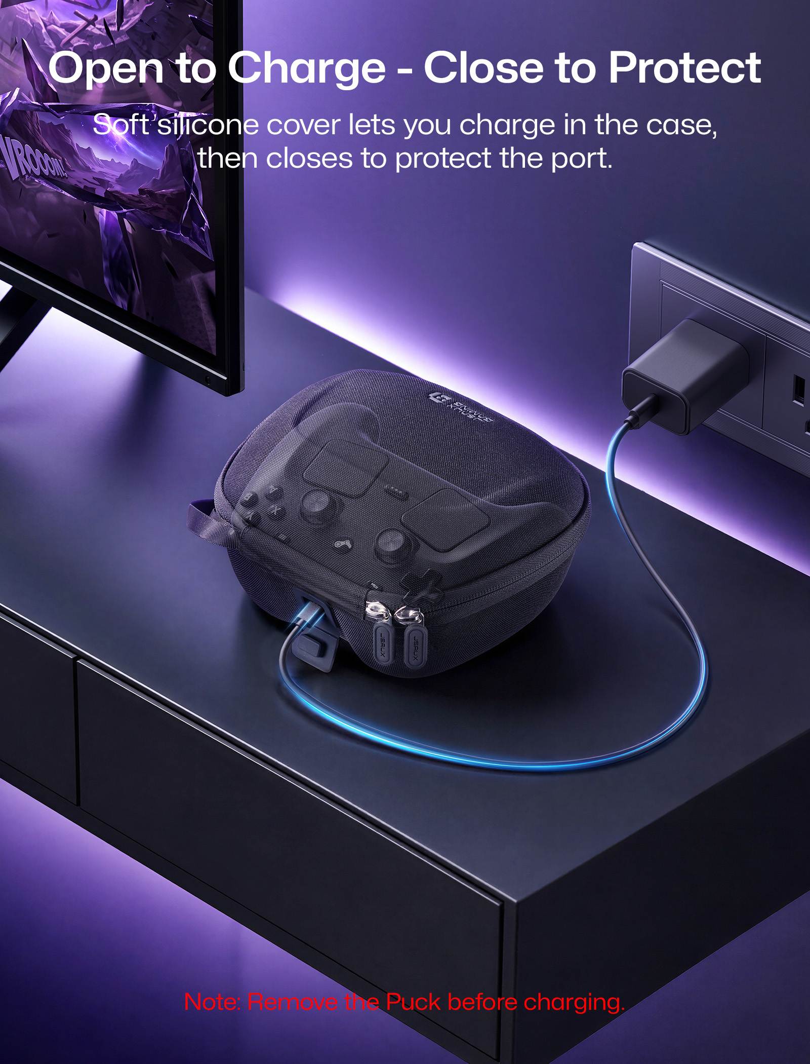 Steam Controller carrying case with charge-through port and dust plug