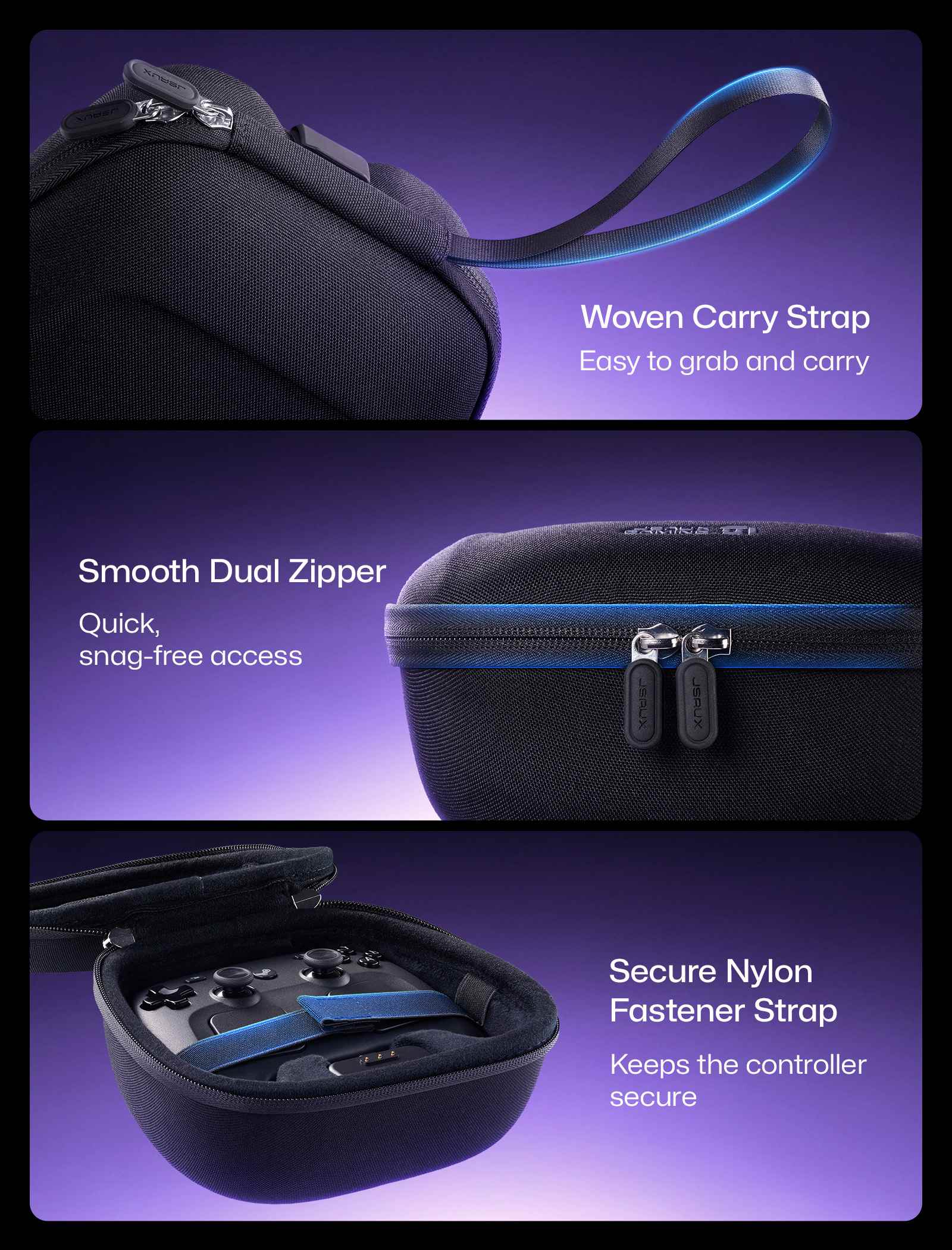 Steam Controller carrying case with woven strap, dual zipper, and nylon fastener strap