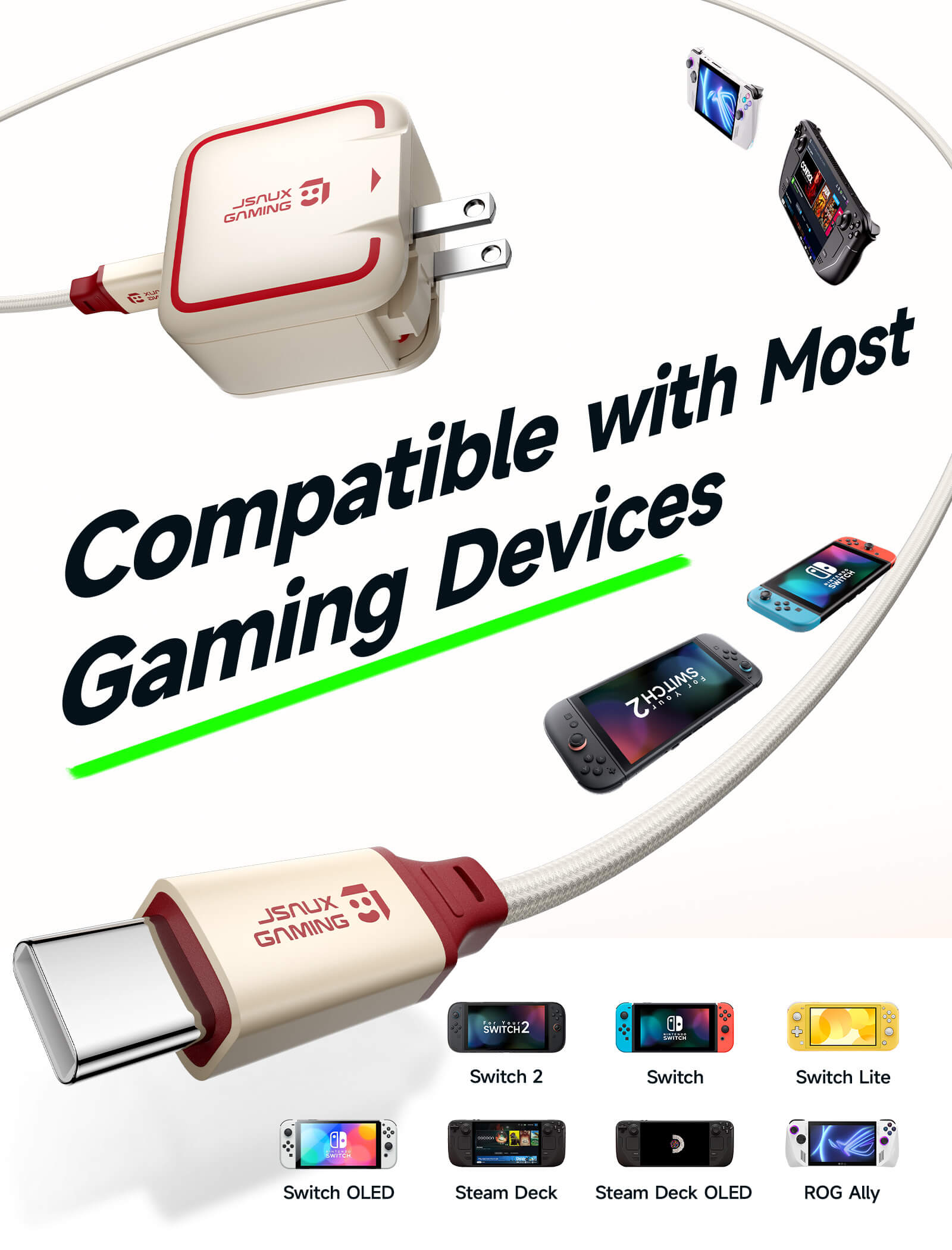 Beige 65W USB-C charger compatible with gaming handheld devices #style_dock & 65w charger