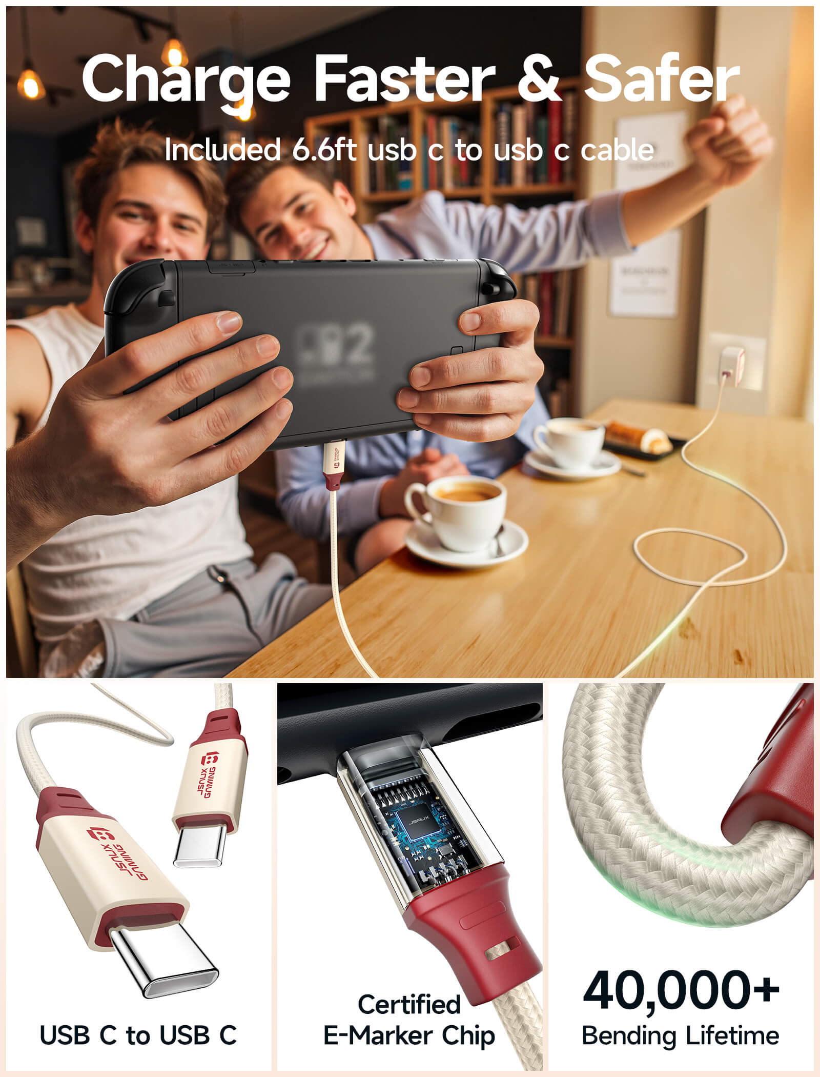 Beige 65W USB-C charger with 6.6ft braided USB-C cable #style_dock & 65w charger