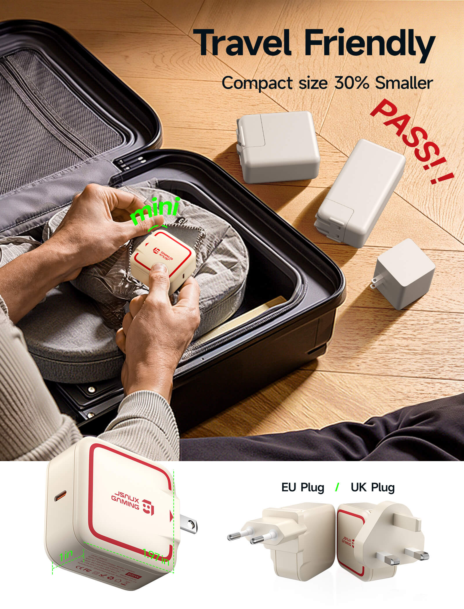 Beige travel friendly 65W foldable charger with interchangeable plugs #style_dock & 65w charger