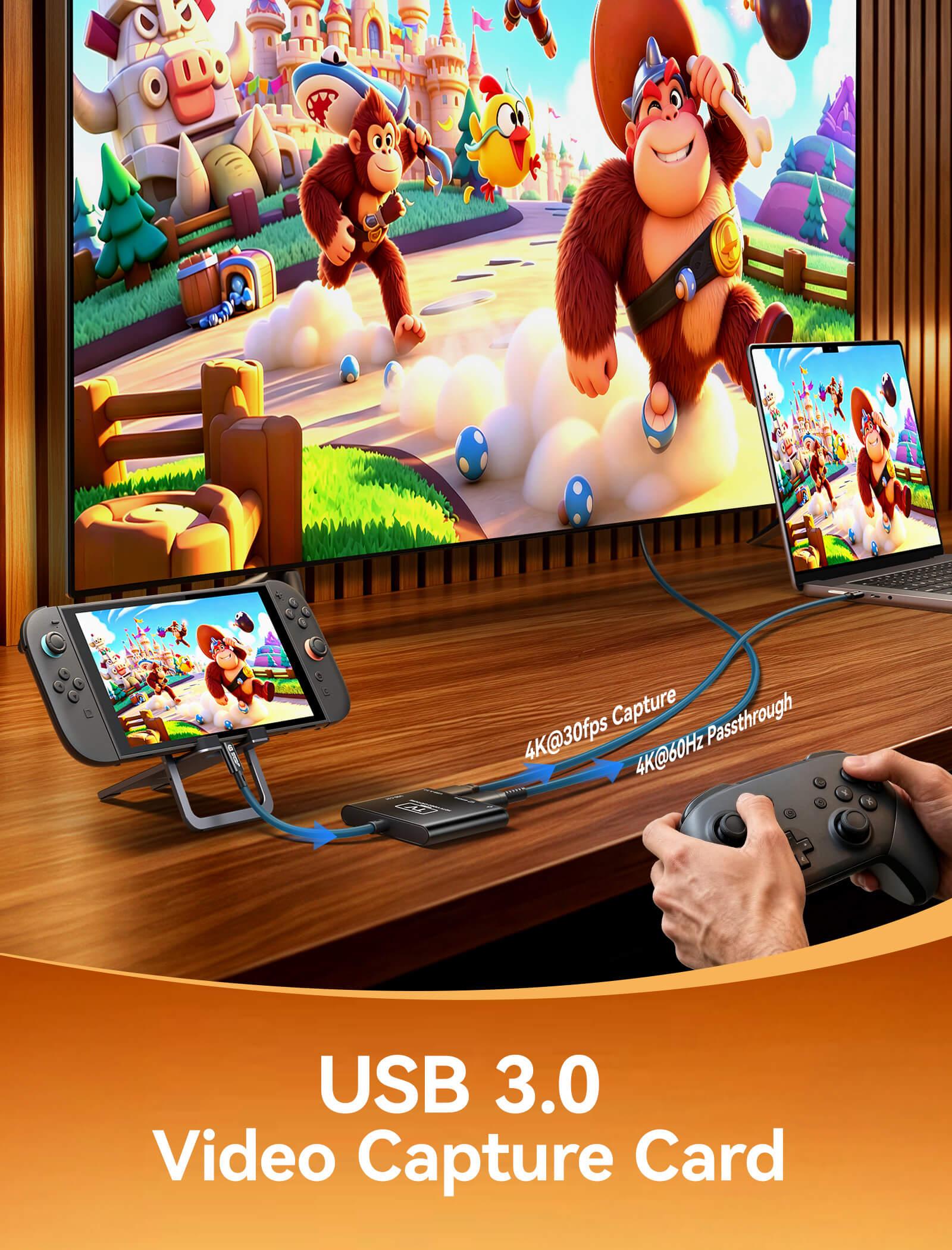 USB 3.0 HDMI video capture card designed for console and PC gameplay recording and live streaming