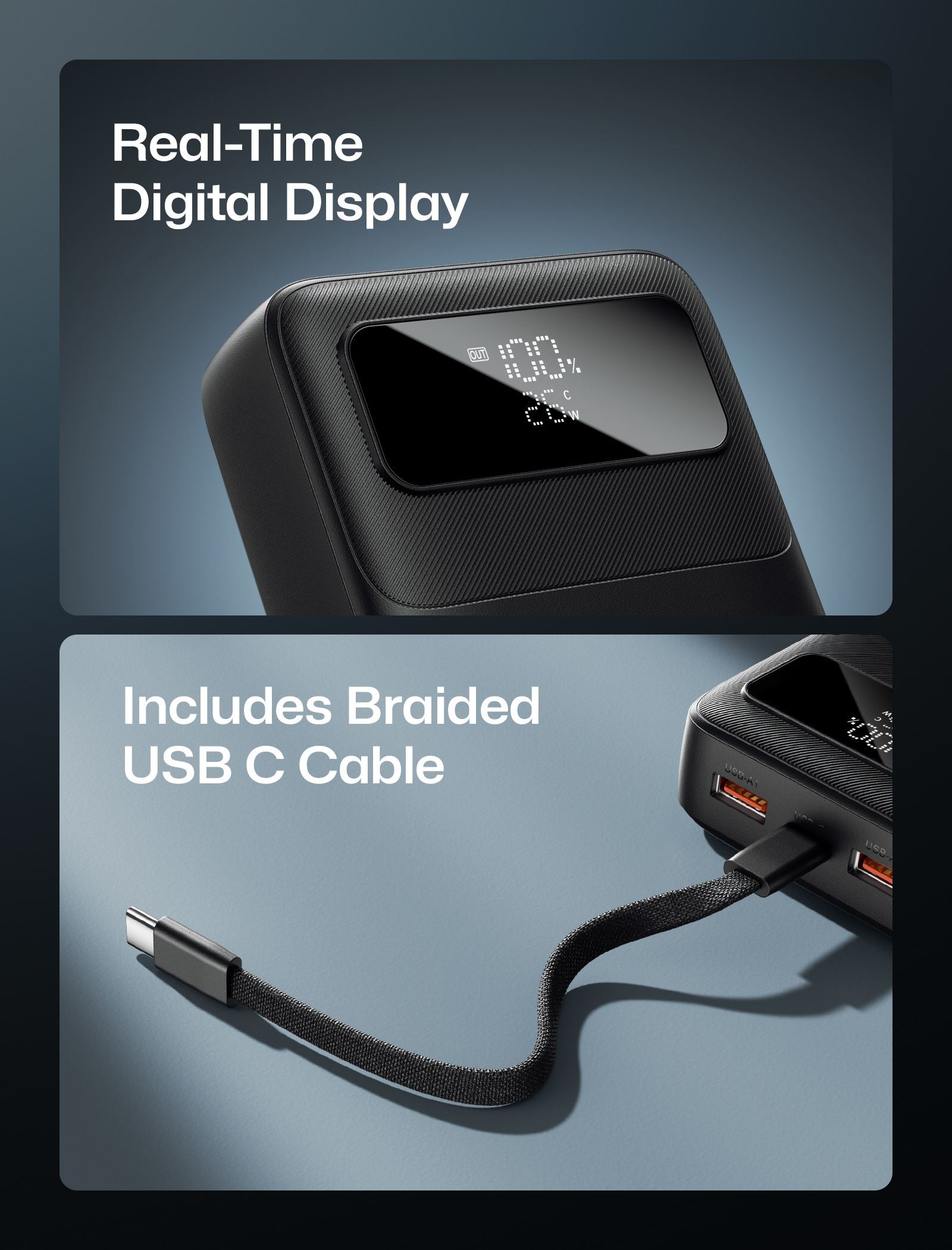 JSAUX power bank with real-time digital display and included braided USB-C cable