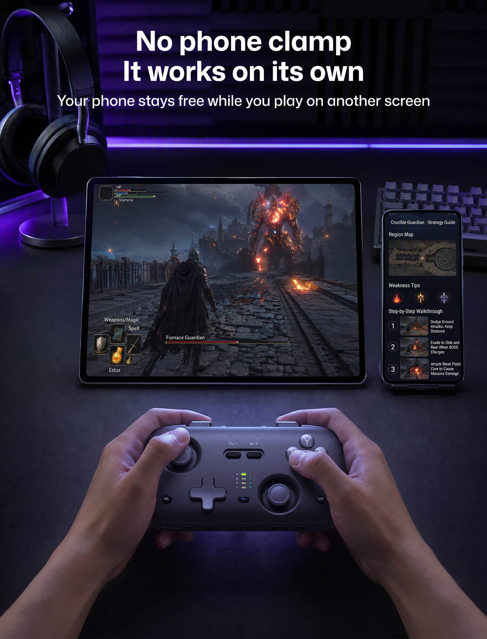 Hands holding VOIDJOY portable controller, showing no phone clamp design
