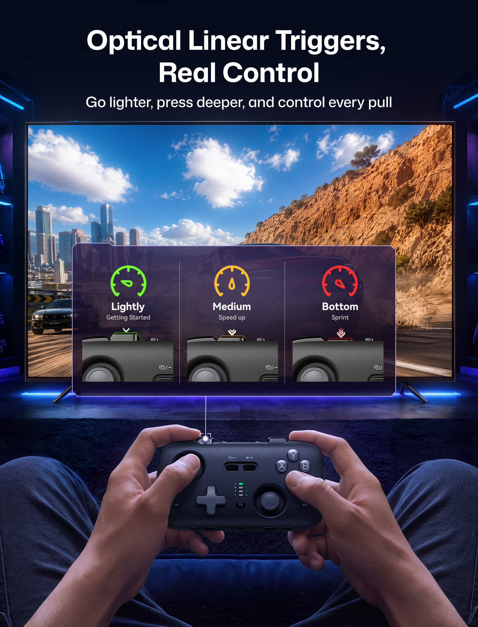 Optical linear triggers graphic for VOIDJOY portable controller with 4mm and 2mm travel