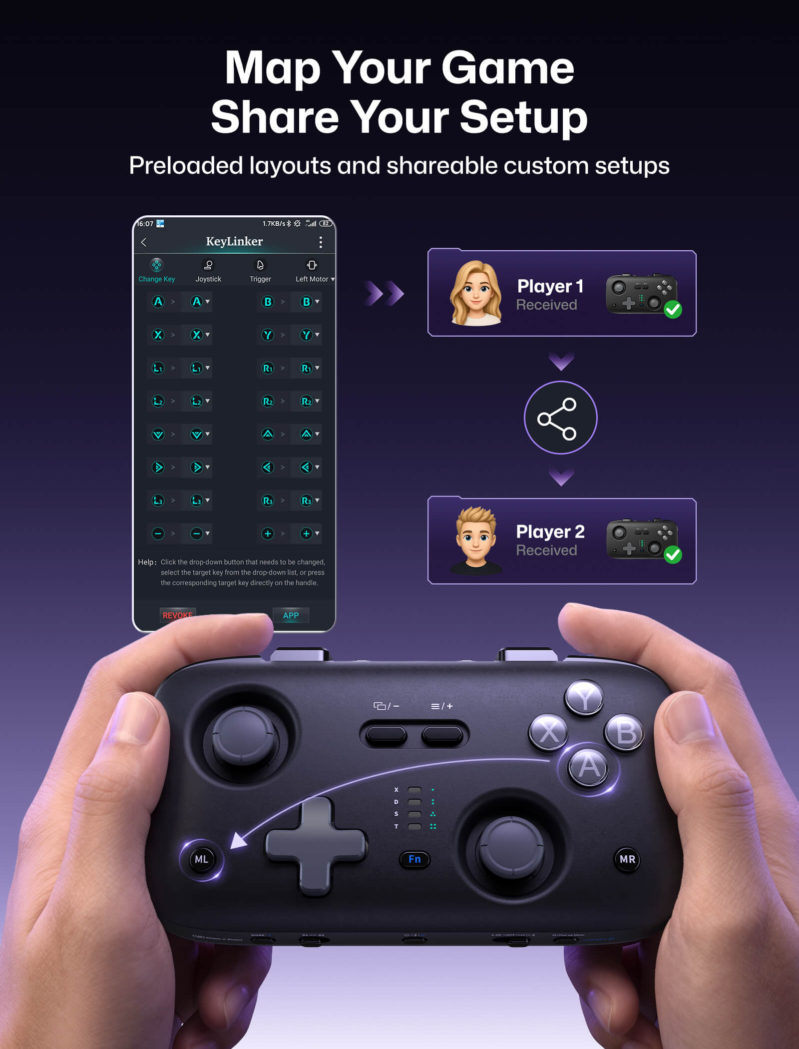 KeyLinker app control graphic for VOIDJOY controller with mapping, cloud, macros, and sensitivity settings