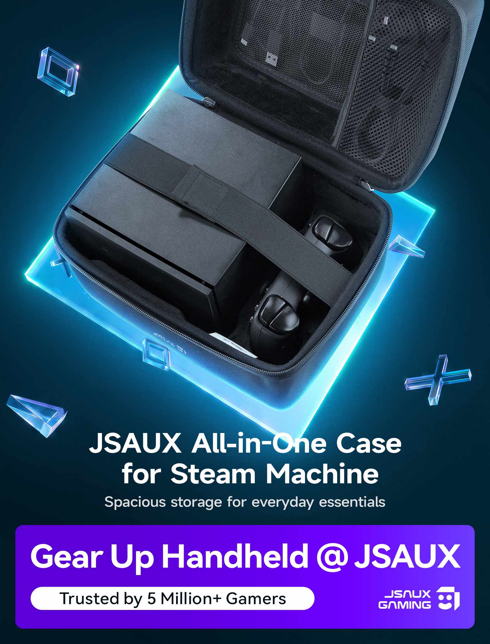 JSAUX carrying case for Steam Machine with internal compartments, elastic strap, and storage for accessories.