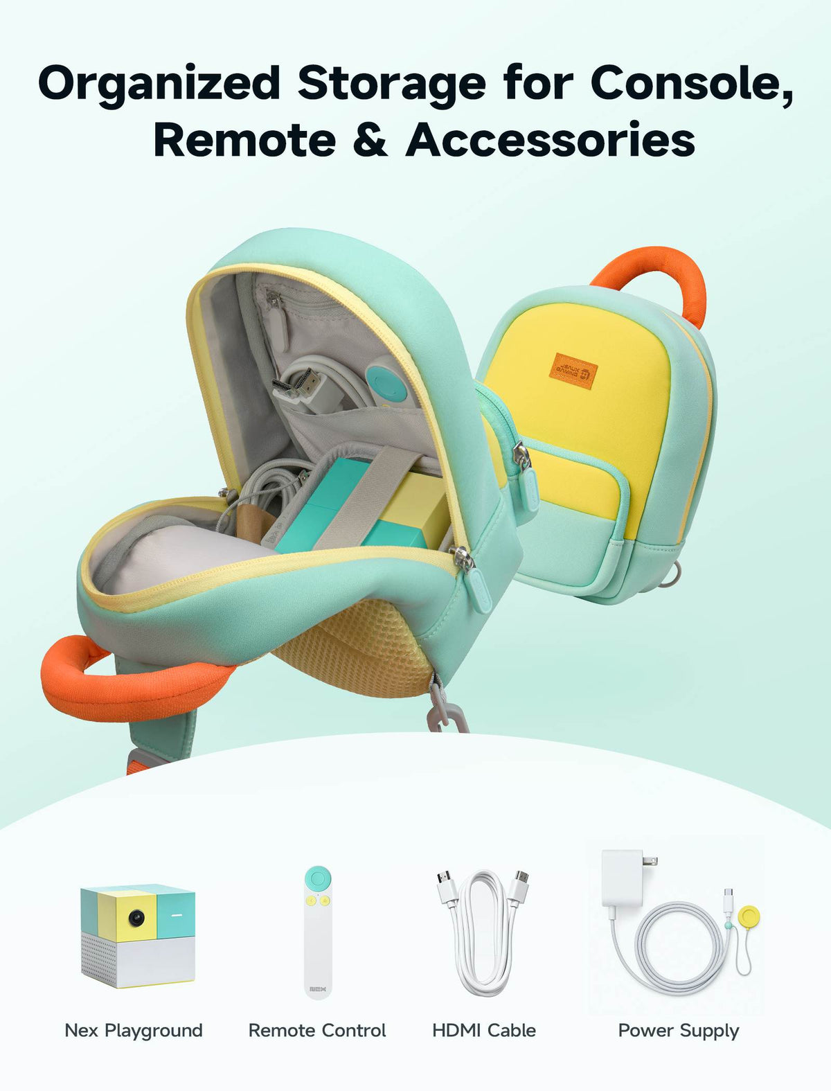 JSAUX Carry Sling Bag for Nex Playground with organized storage for the console, remote control, HDMI cable, and power supply