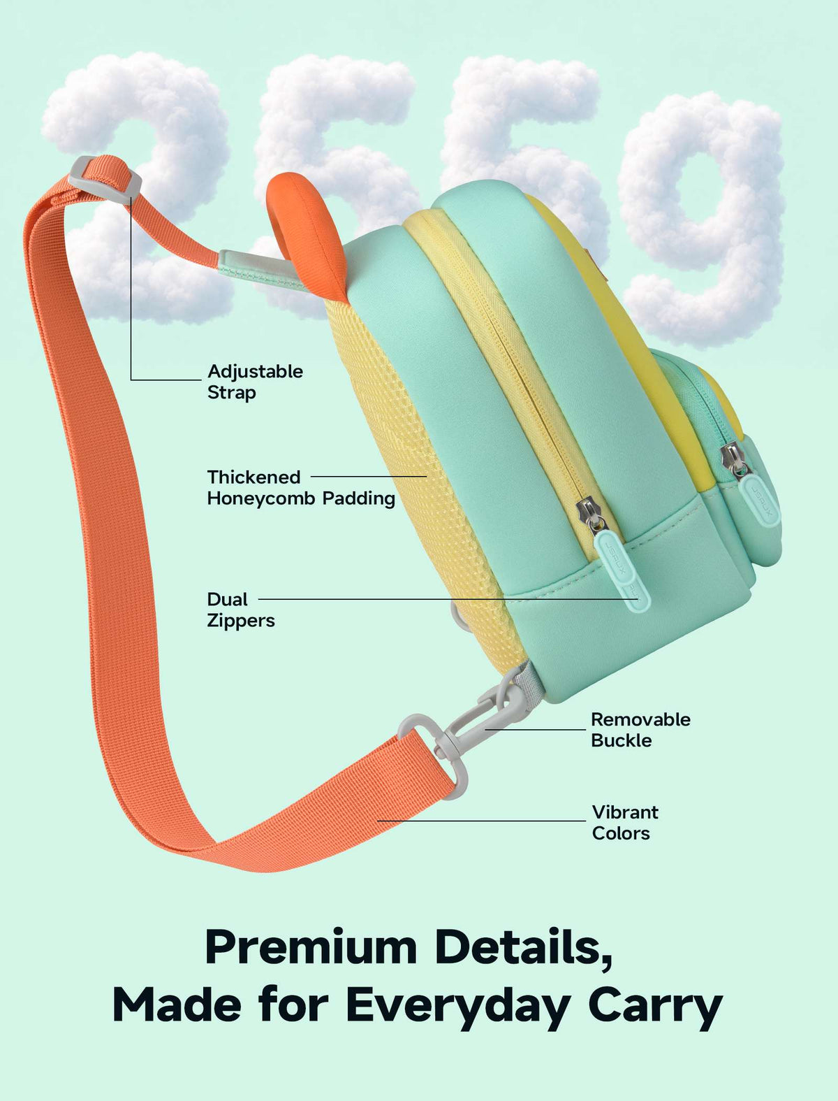 JSAUX Carry Sling Bag for Nex Playground featuring an adjustable strap, thickened honeycomb padding, dual zippers, a removable buckle, and vibrant colors