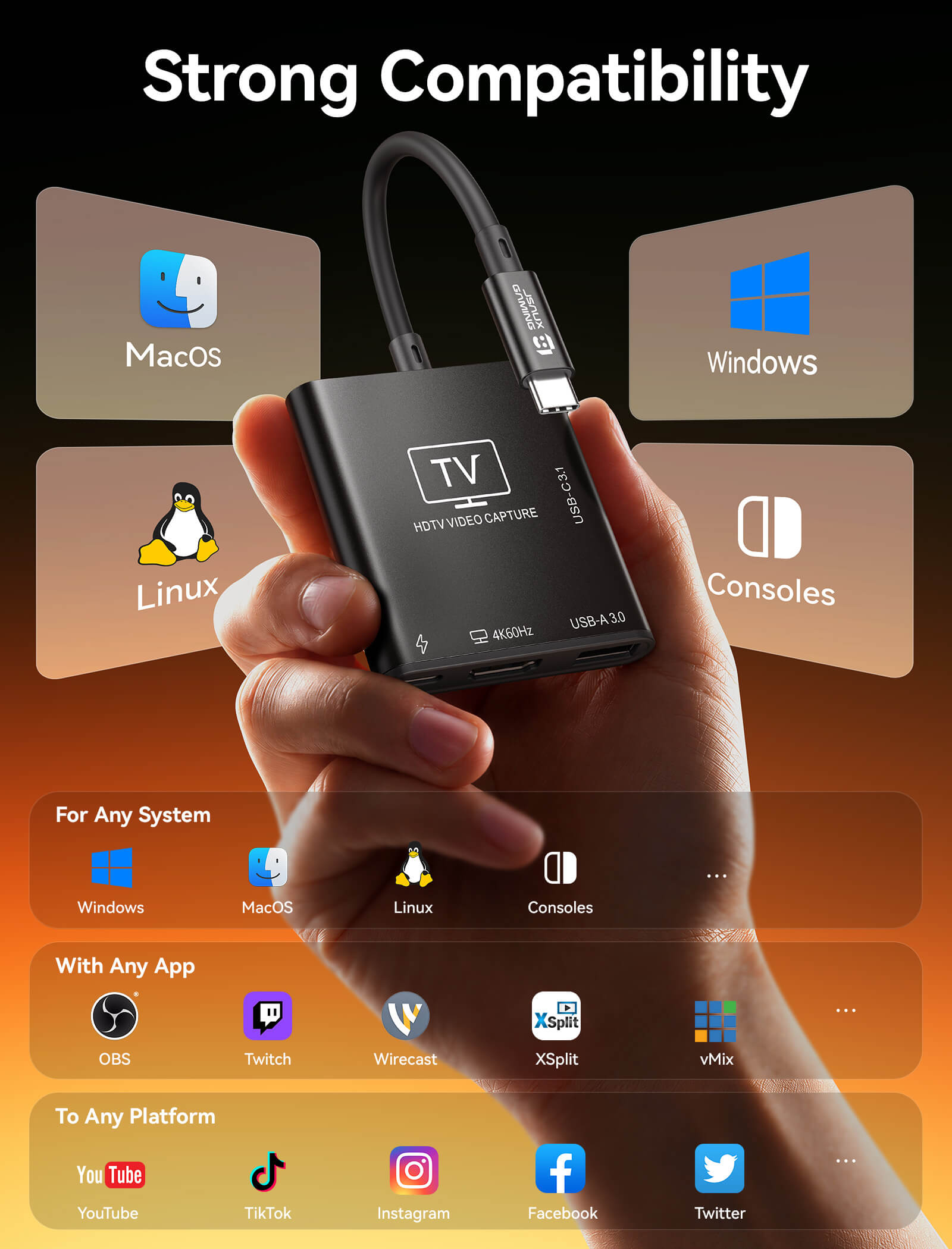 USB capture card compatible with Windows macOS Linux and consoles for cross platform gaming and streaming