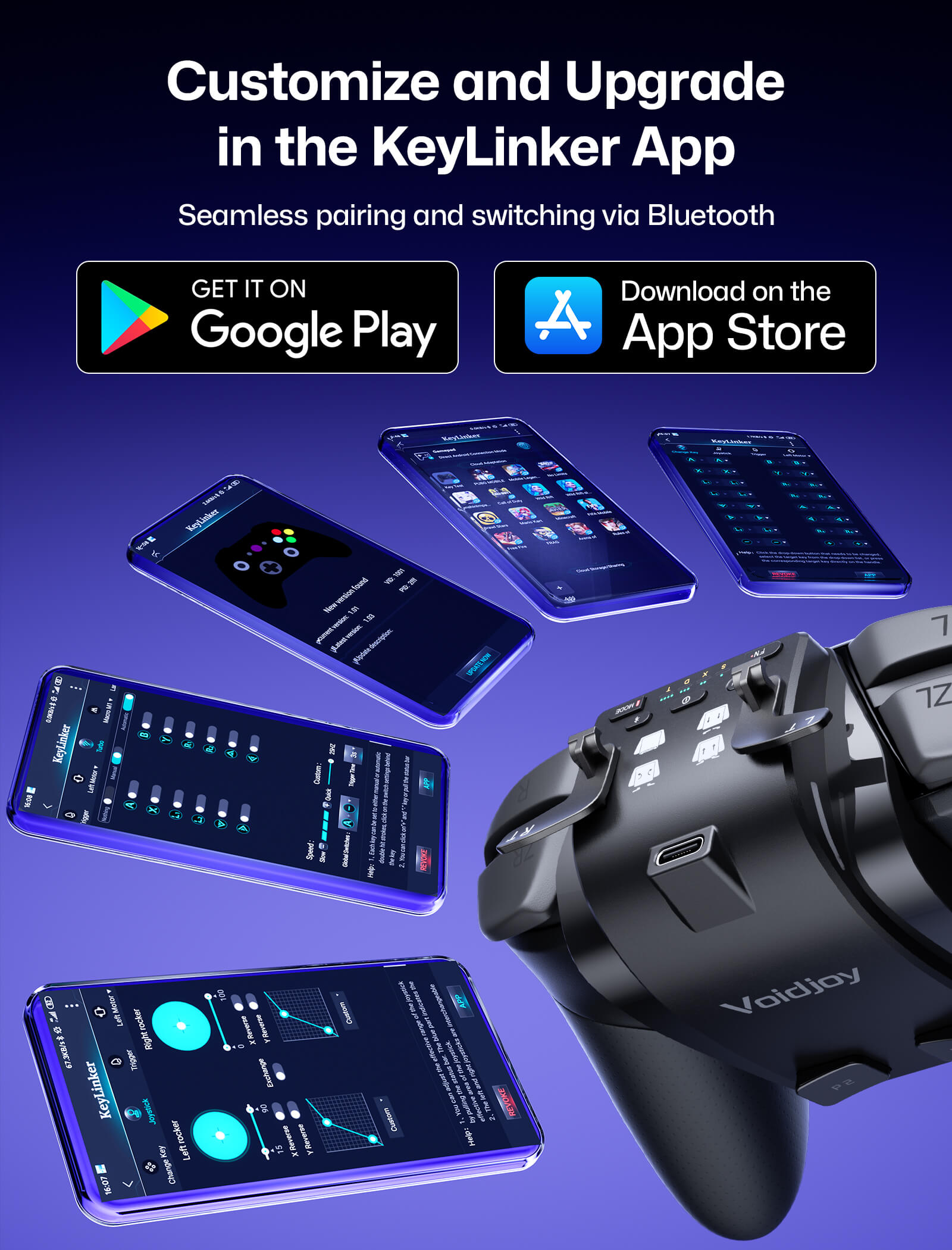 KeyLinker app customization graphic for VOIDJOY Elite Extender with mapping, sensitivity, and macros