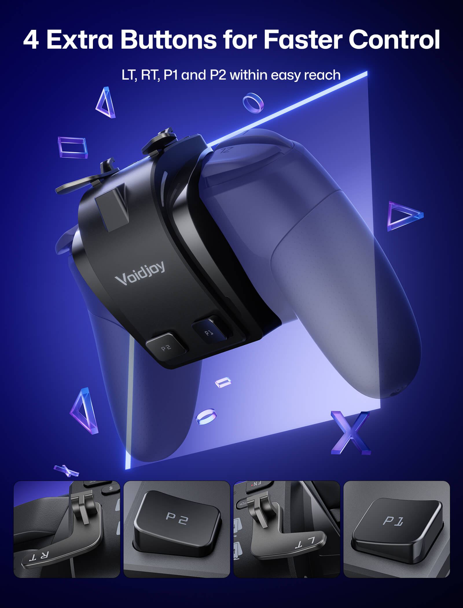 4 extra buttons graphic for VOIDJOY Elite Extender with LT, RT, P1, and P2