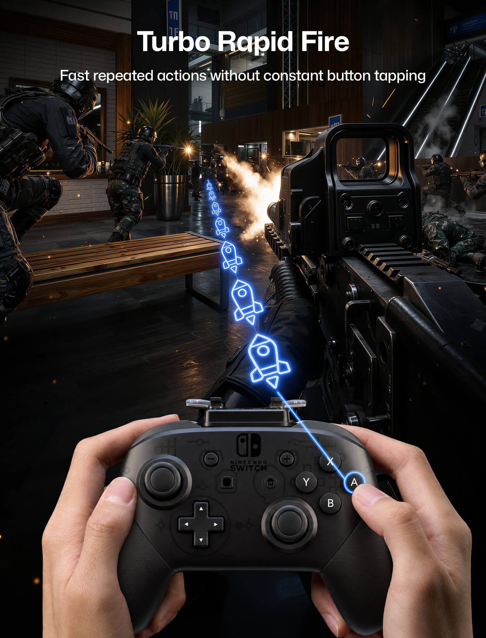 Turbo rapid fire graphic for VOIDJOY Elite Extender with fast repeated actions