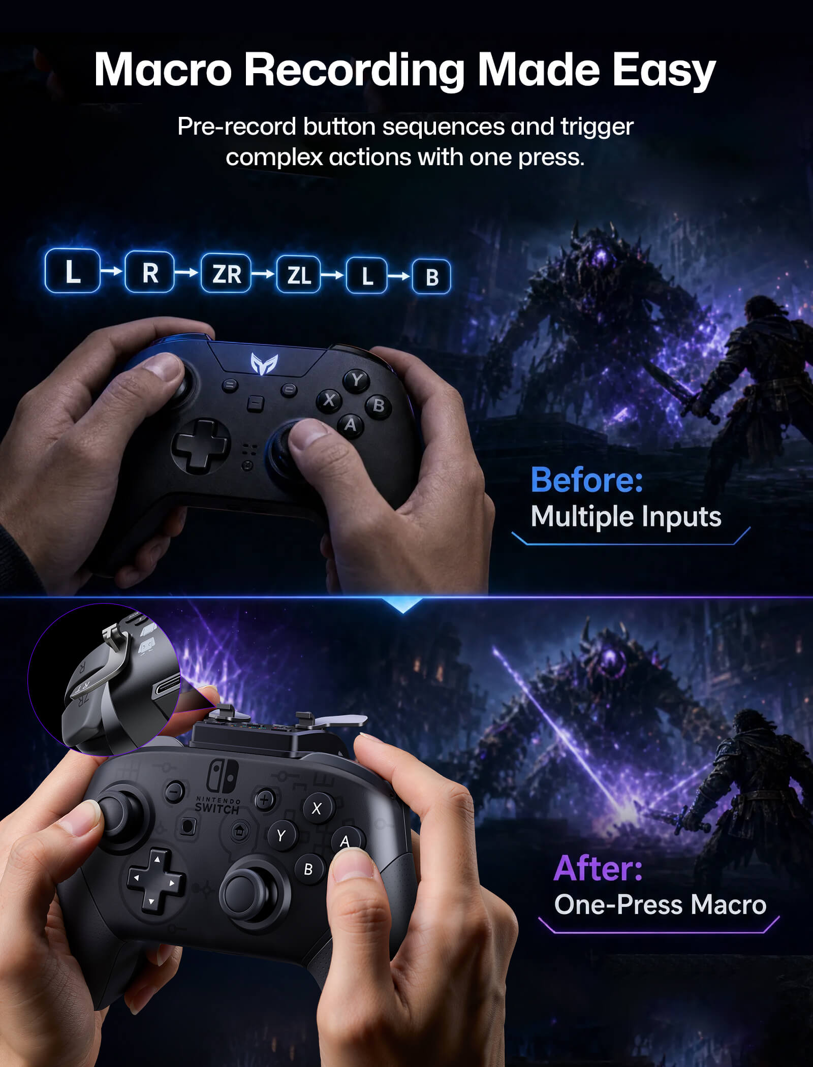 Macro recording graphic for VOIDJOY Elite Extender with one-press combo execution