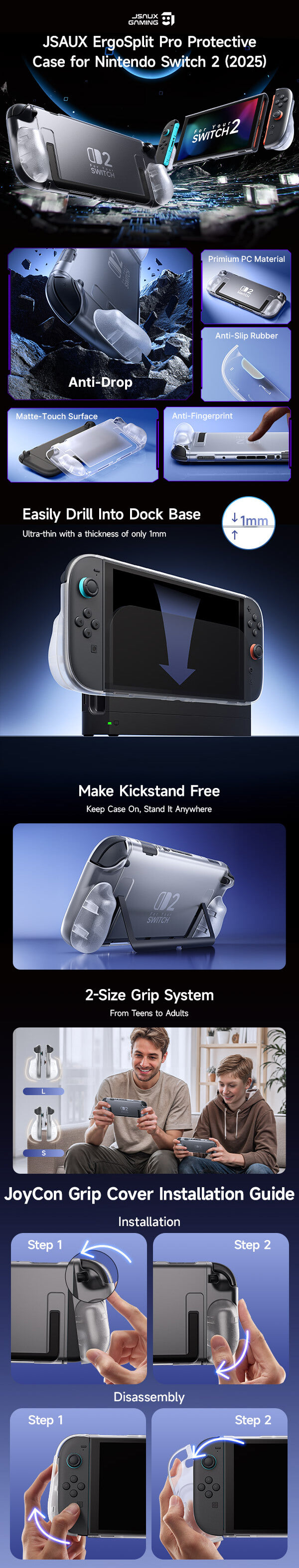 Switch 2 Transparent Split Protective Case Ergonomic Grip | JSAUX