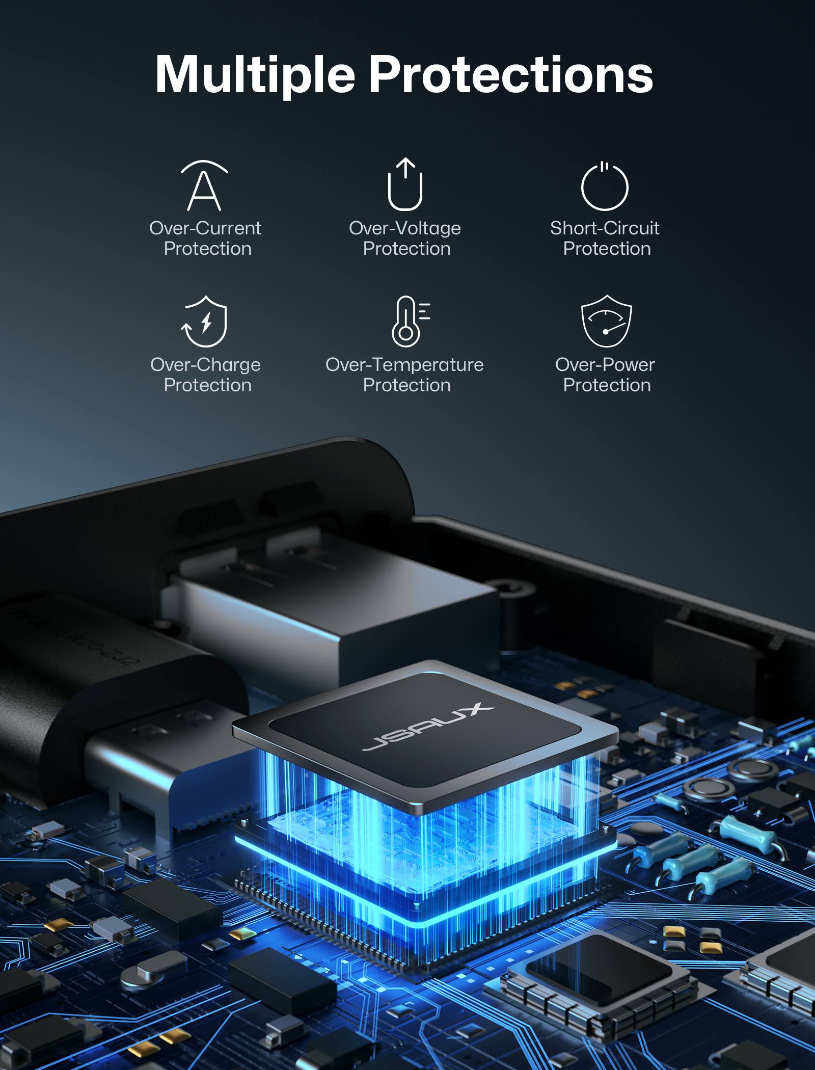 JSAUX power bank with over-current, over-voltage, short-circuit, over-charge, over-temperature and over-power protection