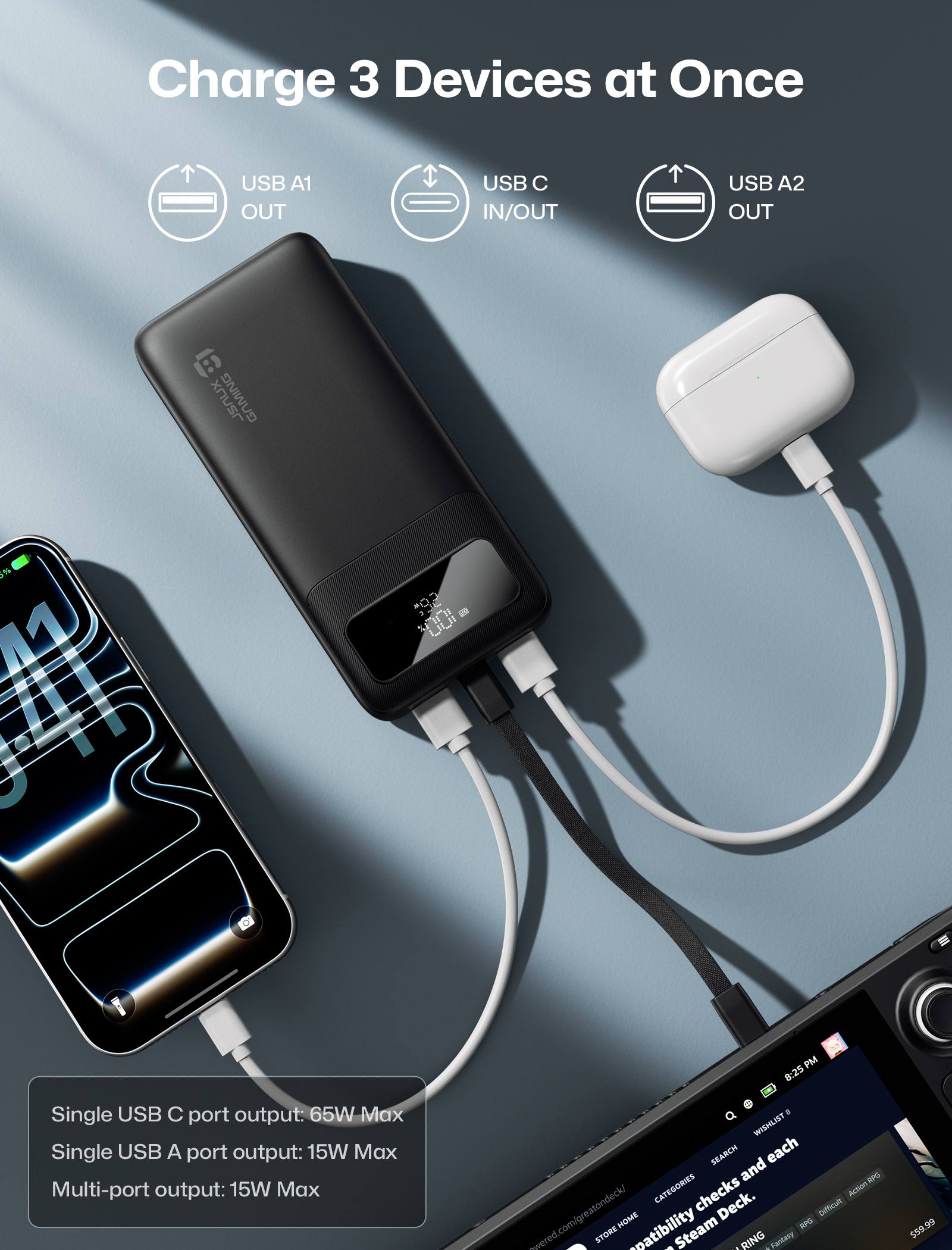 JSAUX power bank charging three devices simultaneously through dual USB-A and USB-C ports