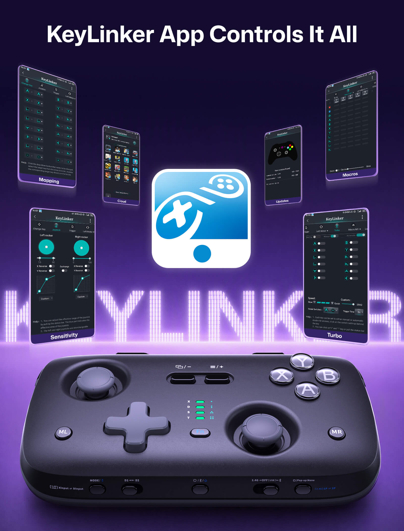 KeyLinker app controls graphic for VOIDJOY portable controller with custom layout and presets