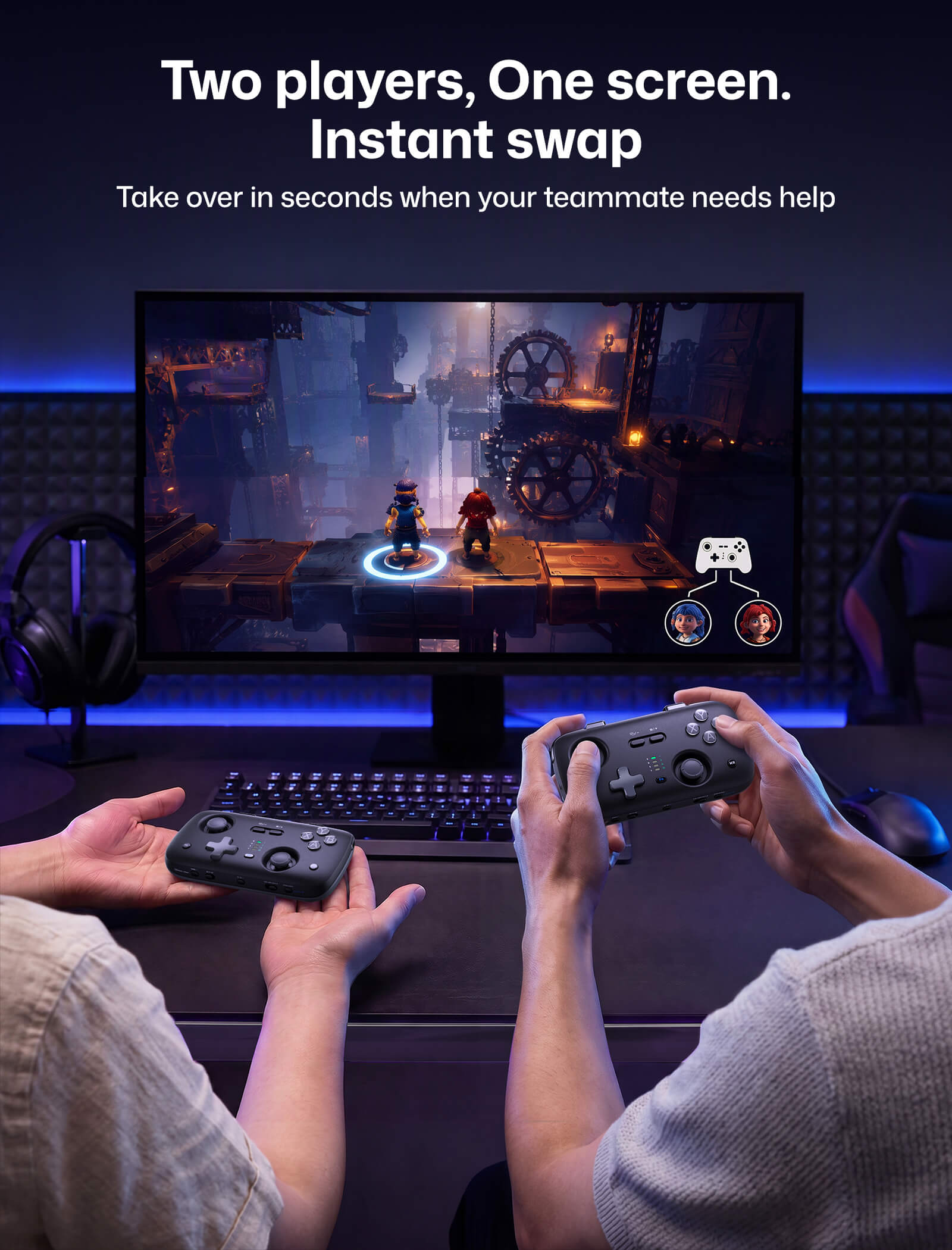 Two-player role swap graphic for VOIDJOY controller in 2.4G co-op mode