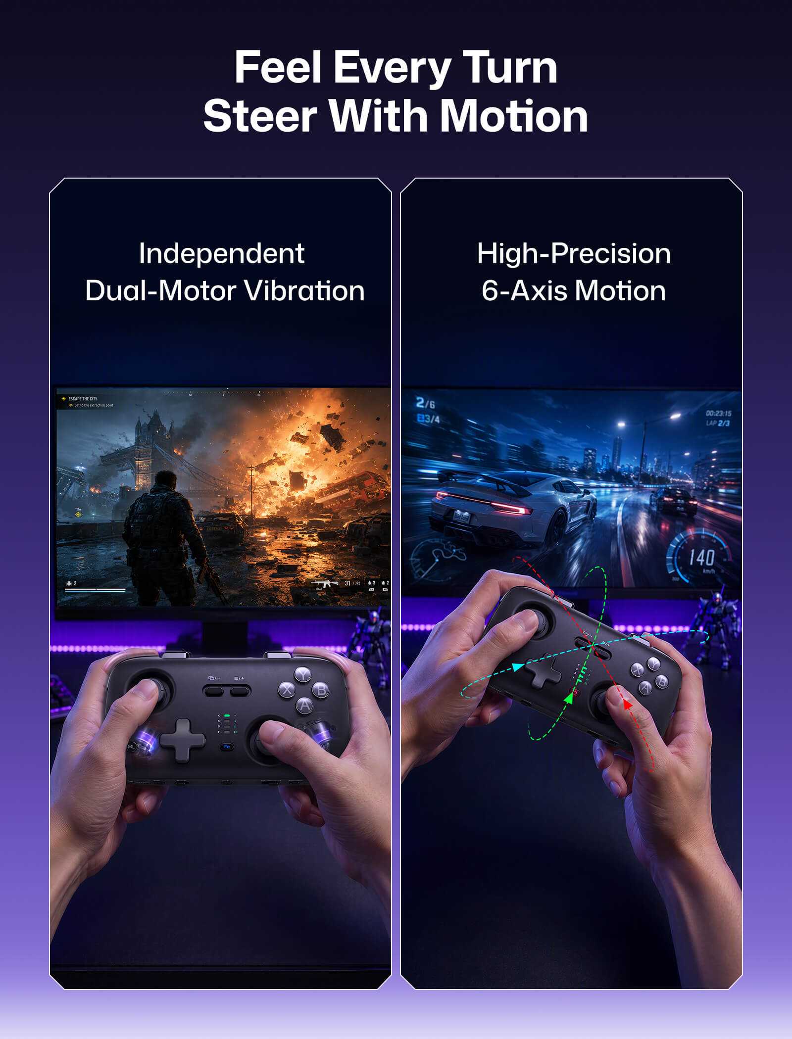 Dual-motor vibration and 6-axis motion graphic for VOIDJOY portable controller